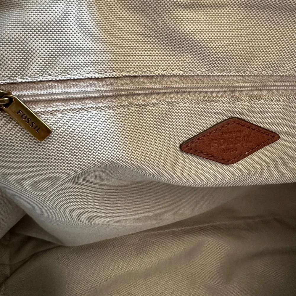 Fossil Rachel Women's Tote Bag Large Tan Heart Canvas Leather Shoulder Purse